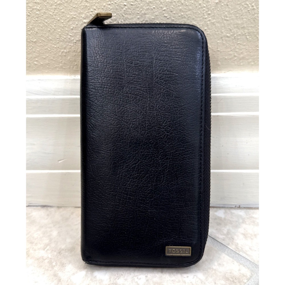 Fossil RFID Clutch Black Leather Zip Around Wallet Clutch 7.5x4 Coin/Dollar/Card